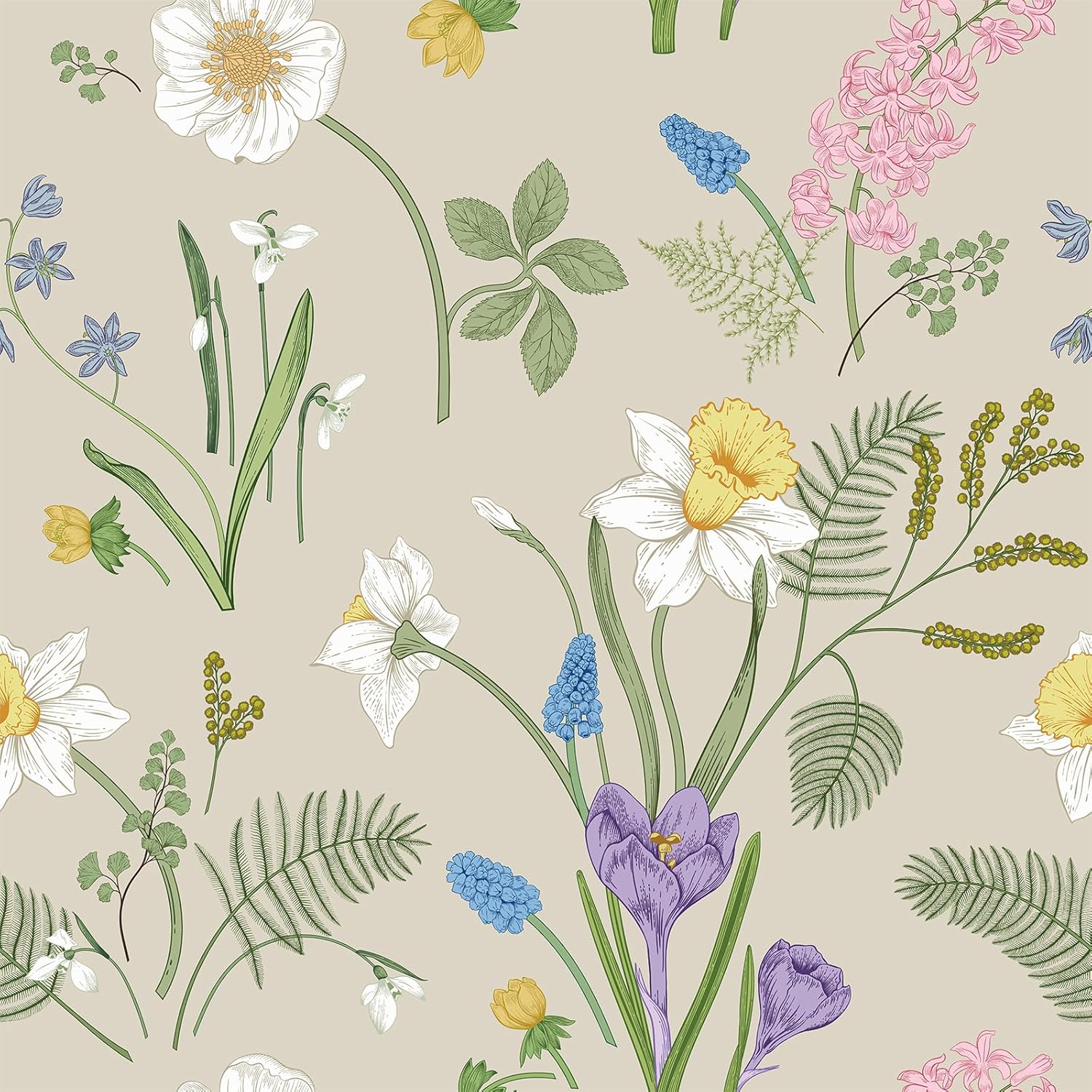 Beige Floral Peel and Stick Wallpaper Colorful Wildflowers Botanical Wallpaper Removable Flower Green Leaf Wall Paper for Bedroom Cabinet 12"x118" Stick and Peel Floral Contact Paper