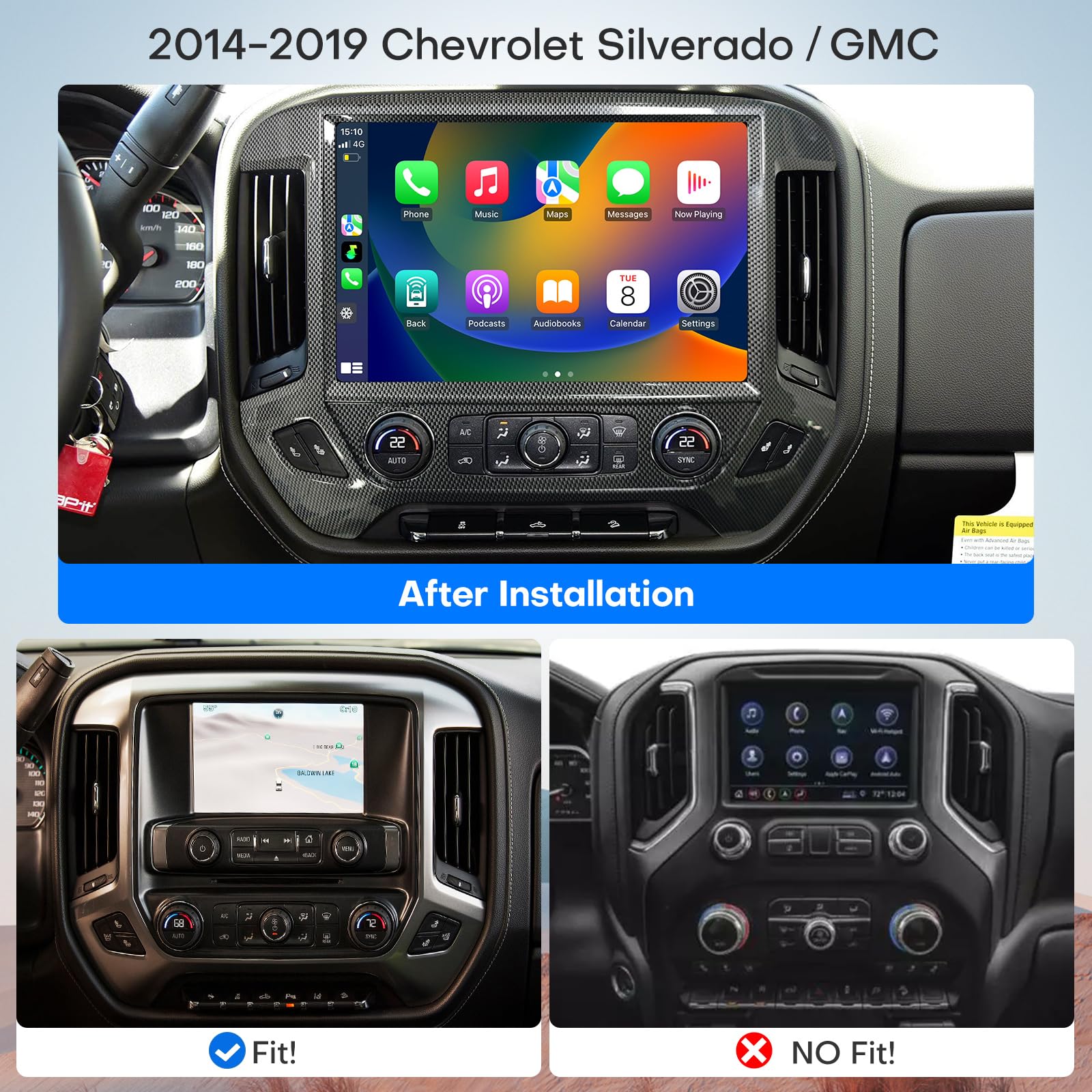 Stereo for Chevy Silverado & GMC Sierra 1500 2014 2015 2016 2017 2018 13 inch Tesla-Style Screen Car Radio 4+64 Wireless Android Auto&CarPlay GPS,WiFi,SWC,FM,Plug & Play Head Unit (Carbon Fibre)