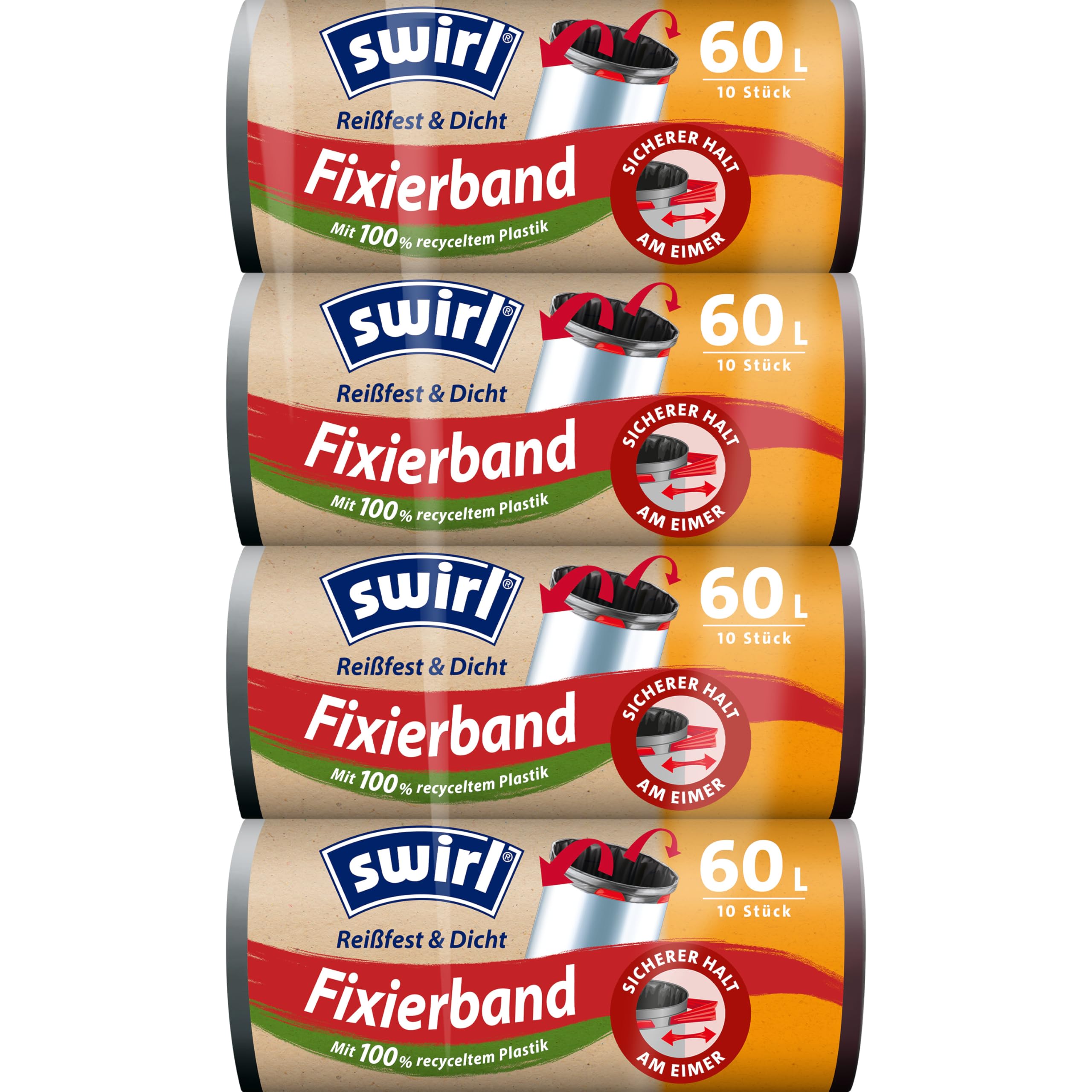 Swirl Reißfest & Dicht Fixierband Müllbeutel 60 l (4 x 10 Beutel), tropfsichere Müllsäcke für den Hausmüll, reißfeste Mülltüten für sicheren Halt am Mülleimer