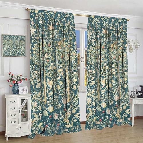 Miniatura 4 de Cortinas de arte abstracto bohemio William Morris, estilo retro de mediados de siglo, con diseño floral de pájaros, cortinas opacas con aislamiento