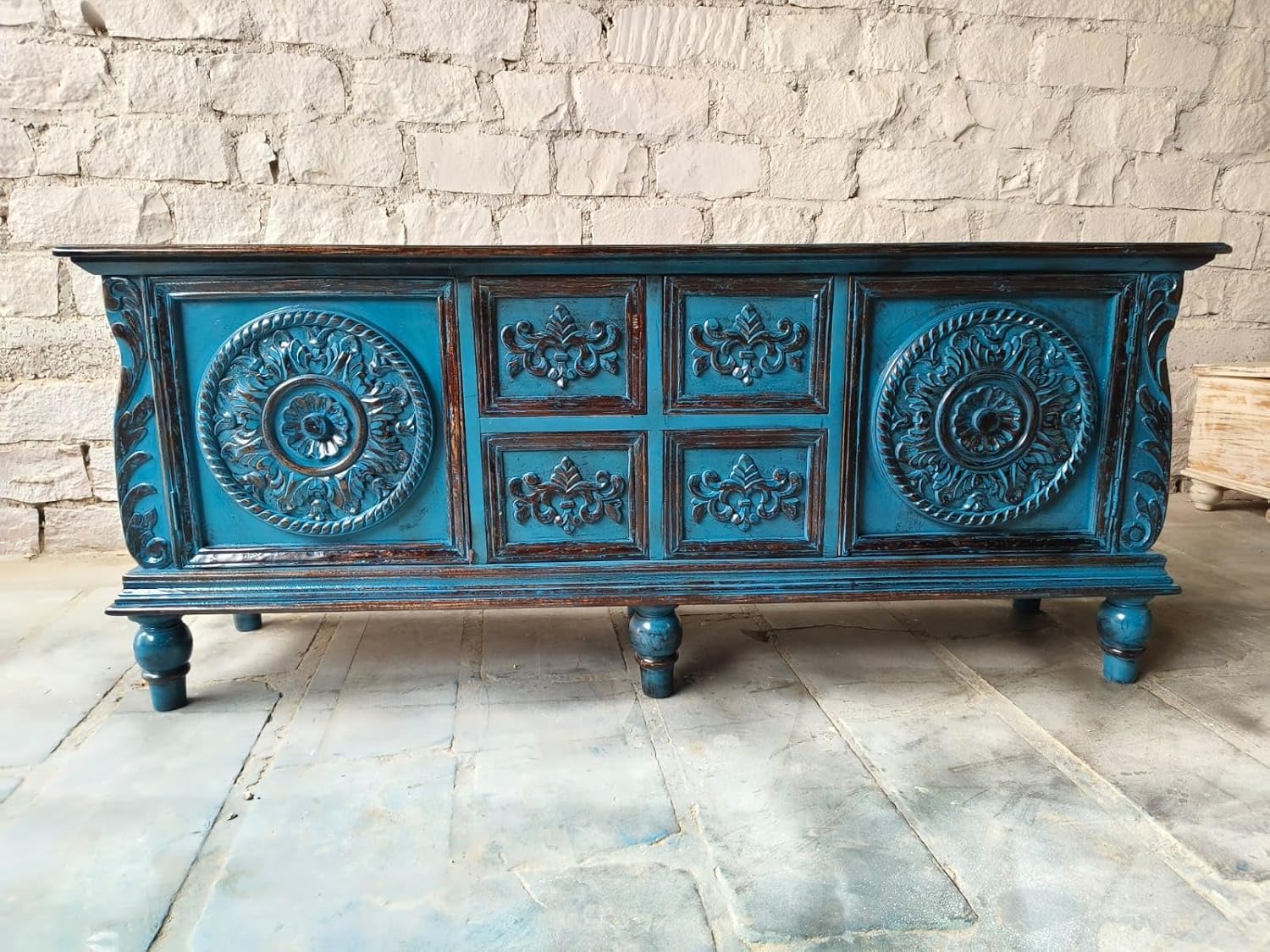 UMAR Arts Solid Wood Handcarved Sideboard Cabinet with 4 Drawers, 2 Doors & Storage Shelves for Living Room, Bedroom, Dining Room & Guest Room | 182 x 45 x 76 cm-image-4
