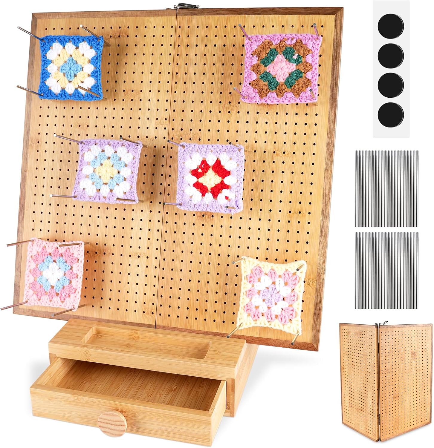 Extra Large 16.5” Foldable Crochet Blocking Board with Drawer & 40 Pins/Pegs, Acacia & Bamboo Blocking Boards for Crochet Projects, Granny Square Crocheting Accessories Gifts for Crocheters Beginners