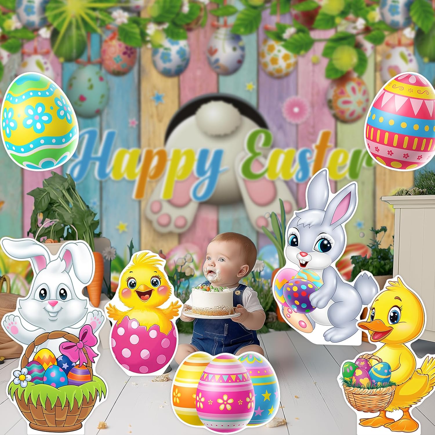 Allenjoy Spring Happy Easter Party Supplies Decorations Backdrop for Bunny Eggs Chick Decor Banner Photo Shoot Booth Props Photography Background,7pcs Foam Board Cutouts,1pc Tablecloth,1pc Backdrop
