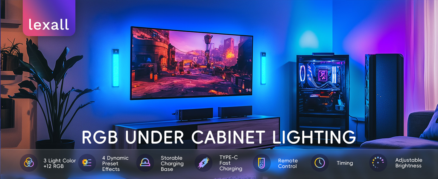 Image of lexall 3 Pack Rechargeable Under Cabinet Lighting with Charging Station | Rechargeable Motion Sensor, RGB Color Changing Dimmable LED Bar, Magnetic, For Kitchen Bedroom Garage