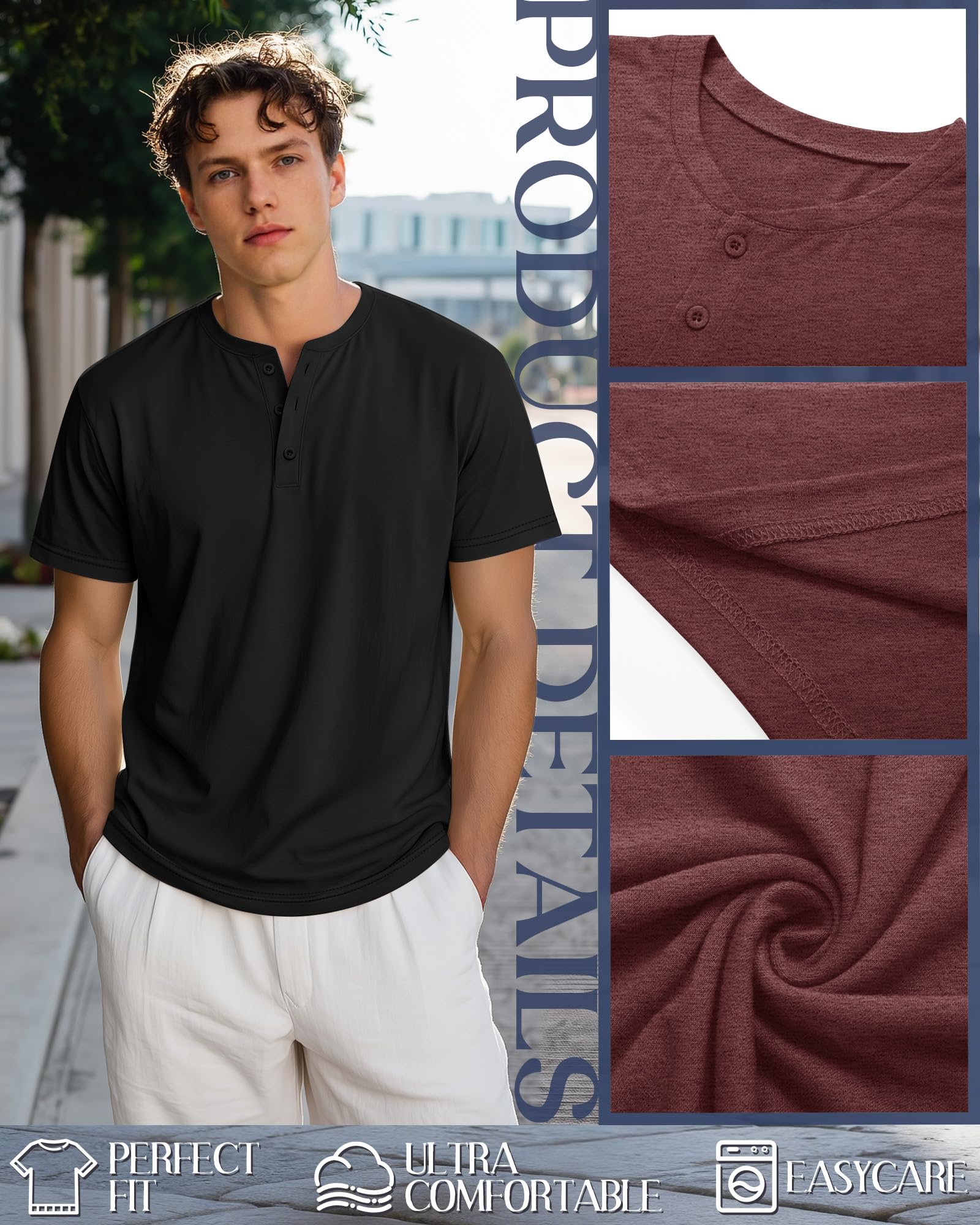 Ficerd 3er-Pack Henley-Shirts für Herren | Übergröße & Langgröße, Kurzarm, Übergröße Mit Knöpfen, Polo-tops, Weit Geschnitten, Übergroß, Sommer, Sportlich