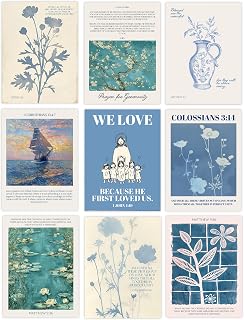 Wallbuddy Blue Christian Scripture Prints | Set of 9 Bible Verse Posters Floral Illustrations and Faith Messages | Bible Wall Art Colossians 3:14 1 John 4:19 and Matthew 5:16 Unframed (8x10)
