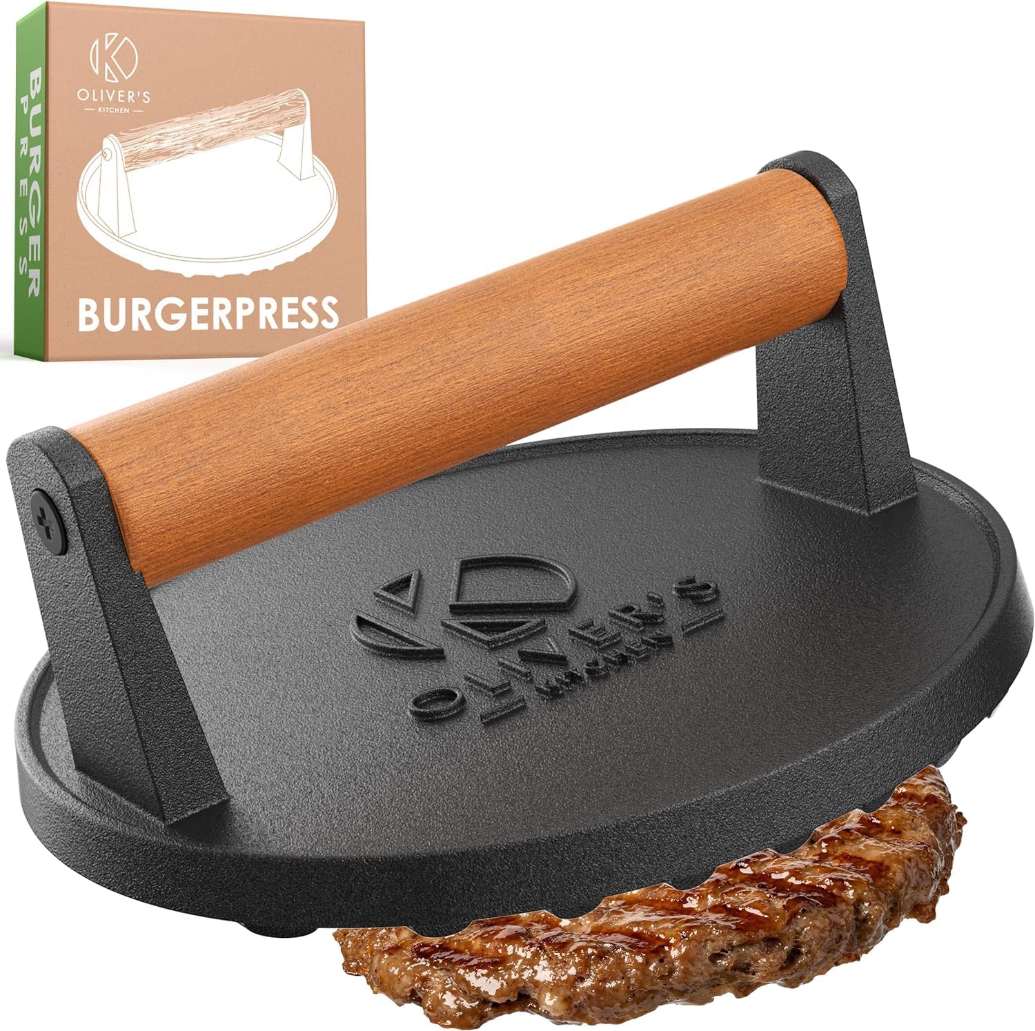 Burger Press - Premium, Heavy Duty, Cast Iron - Smash Burgers with Ease - Comfortable Handle - Non Stick Base - The Perfect Smasher for BBQ & Griddle Chefs