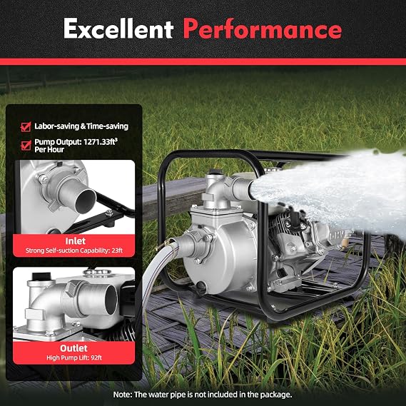 Trash Pump 2 inch, 6.5HP Gas Powered Water Pump, 4-Cycle Engine with Inlet Pipe Connection & Outlet Pipe Connection, Transfer Pump for Garden Farm Irrigation