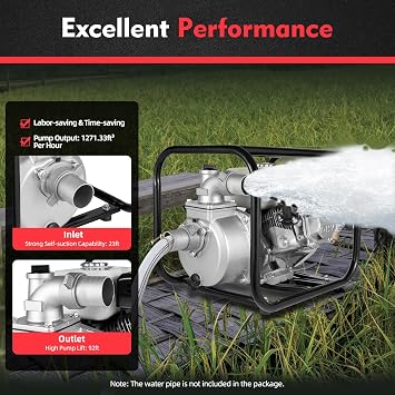 Trash Pump 2 inch, 6.5HP Gas Powered Water Pump, 4-Cycle Engine with Inlet Pipe Connection & Outlet Pipe Connection, Transfer Pump for Garden Farm Irrigation