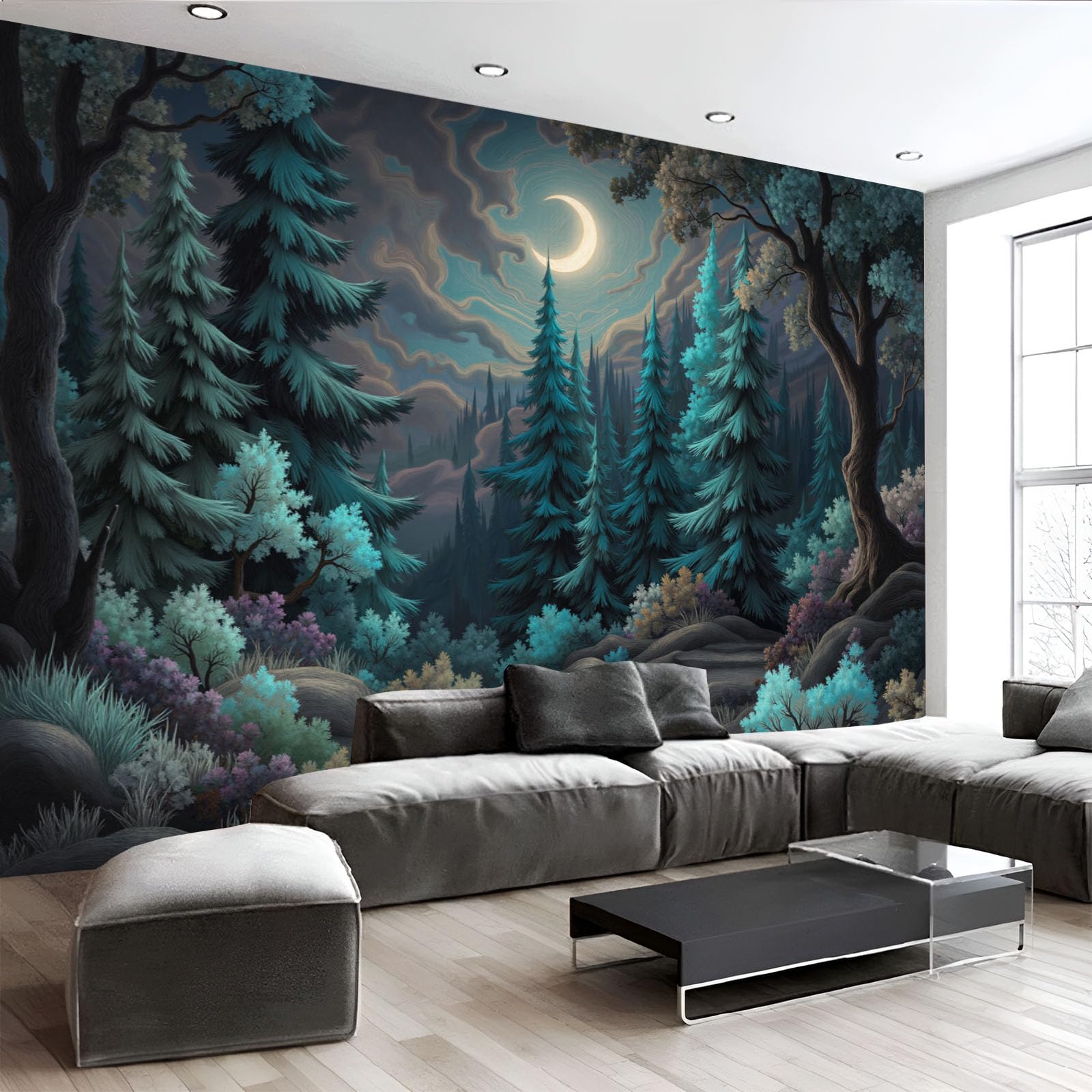 Papier peint panoramique 3D pour agrandir un salon sombre