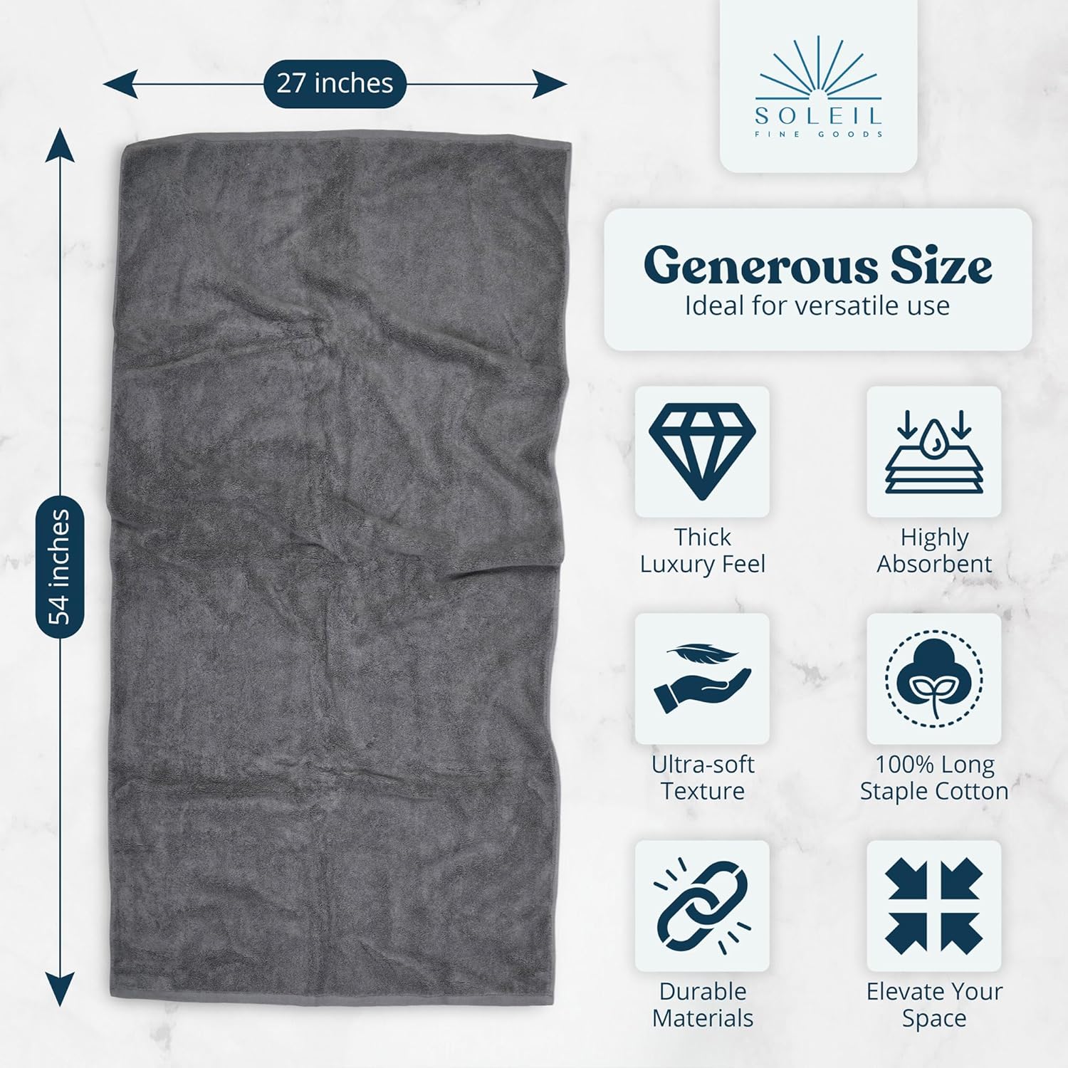 Soleil Fine Goods Luxurious 800 GSM Cotton Bath Towels (2-Pack, 27x54) - Heavyweight & Ultra Absorbent with Modern Borderless Design | Hotel & Spa Quality Luxury for Bathroom- Steel