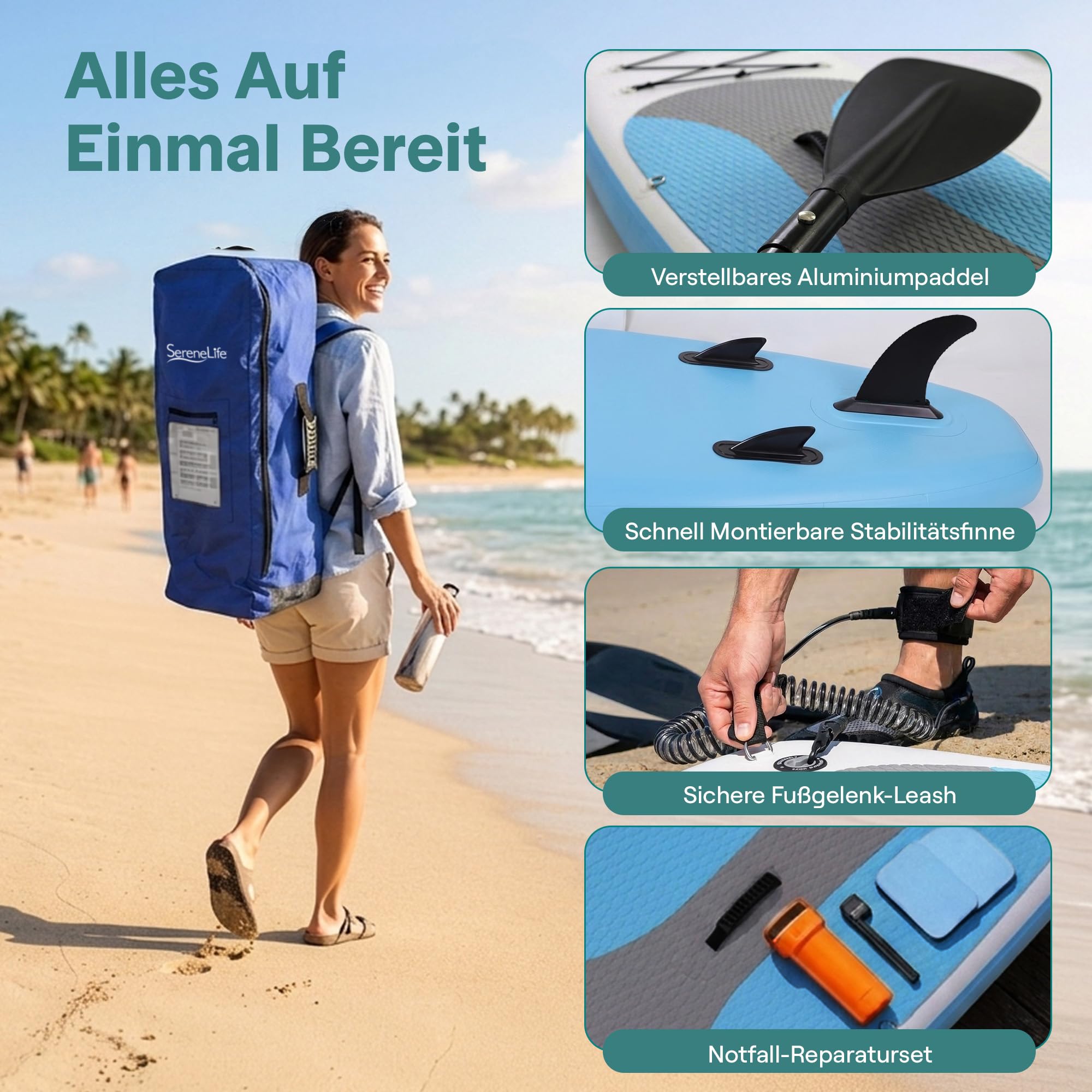 SereneLife Stand Up Paddling Board Set, SUP Board Komplettes Zubehör, Stand Up Paddle Board für Kinder & Erwachsene, Surfbrett & Tragetasche, Paddle Set Anti-Rutsch mit Pumpe, Auflasbares Paddelbrett