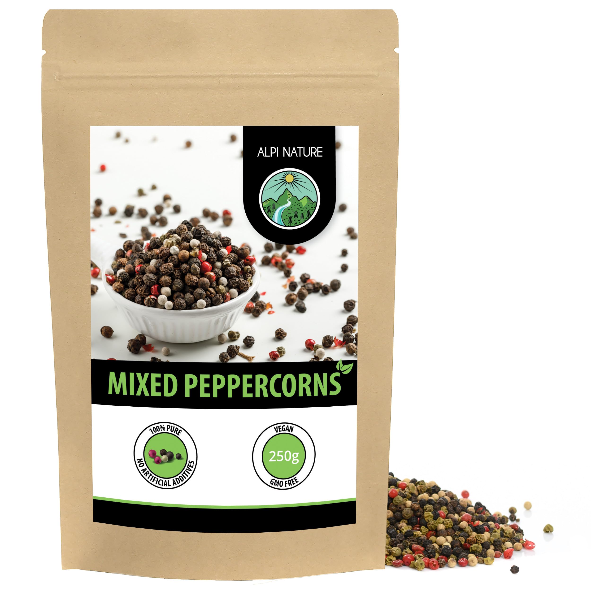 Alpi Nature Mixed Peppercorns 250g 8.8 oz, Whole Peppercorns, Black, White, Pink, Green Pepper