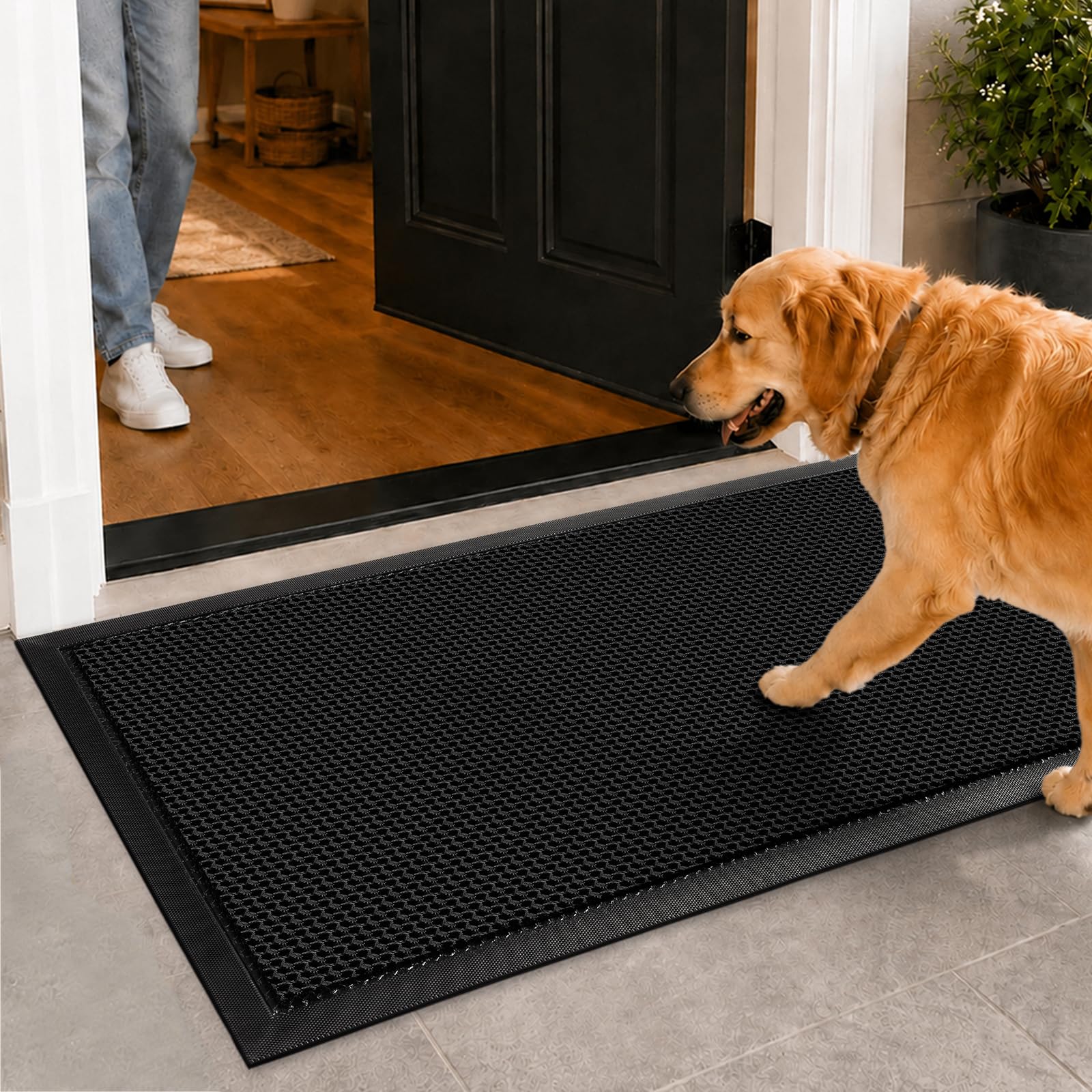 Meshy Mat Door Mat Heavy-Duty Quick-Dry Floor Mat, Sand & Dirt Trapper for Indoor & Outdoor, Ideal for Entrance, Mudrooms,Patios & Garages,Low-Profile,Non-Slip,Washable, Black, 30" x 17"