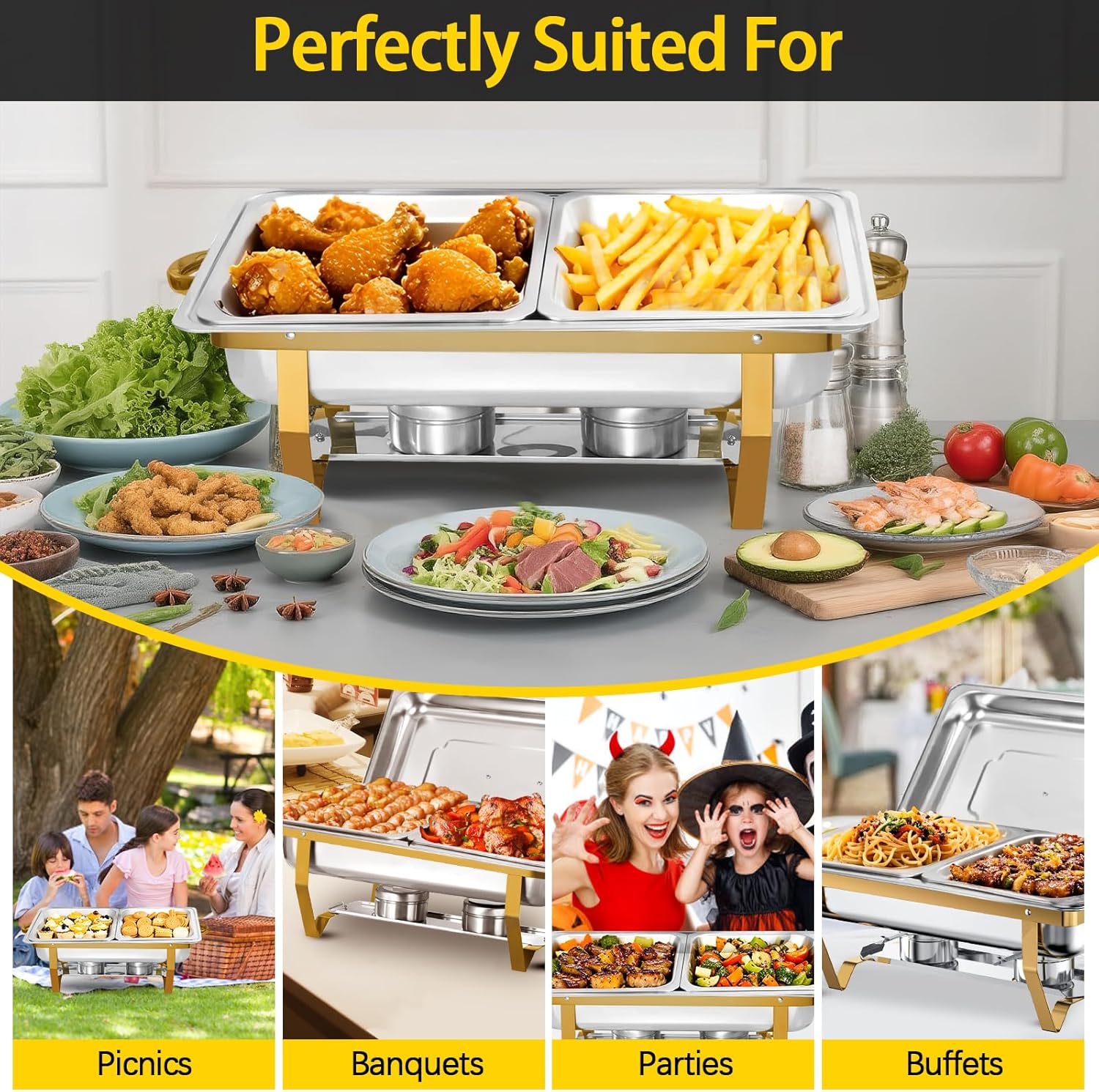 4 Pack Chafing Dish Buffet Set, Gold Chafing Dish Set 8QT Stainless Steel Rectangular Chafers and Buffet Warmer Sets for Catering, with 1/2 Size pan for Event Party Holiday