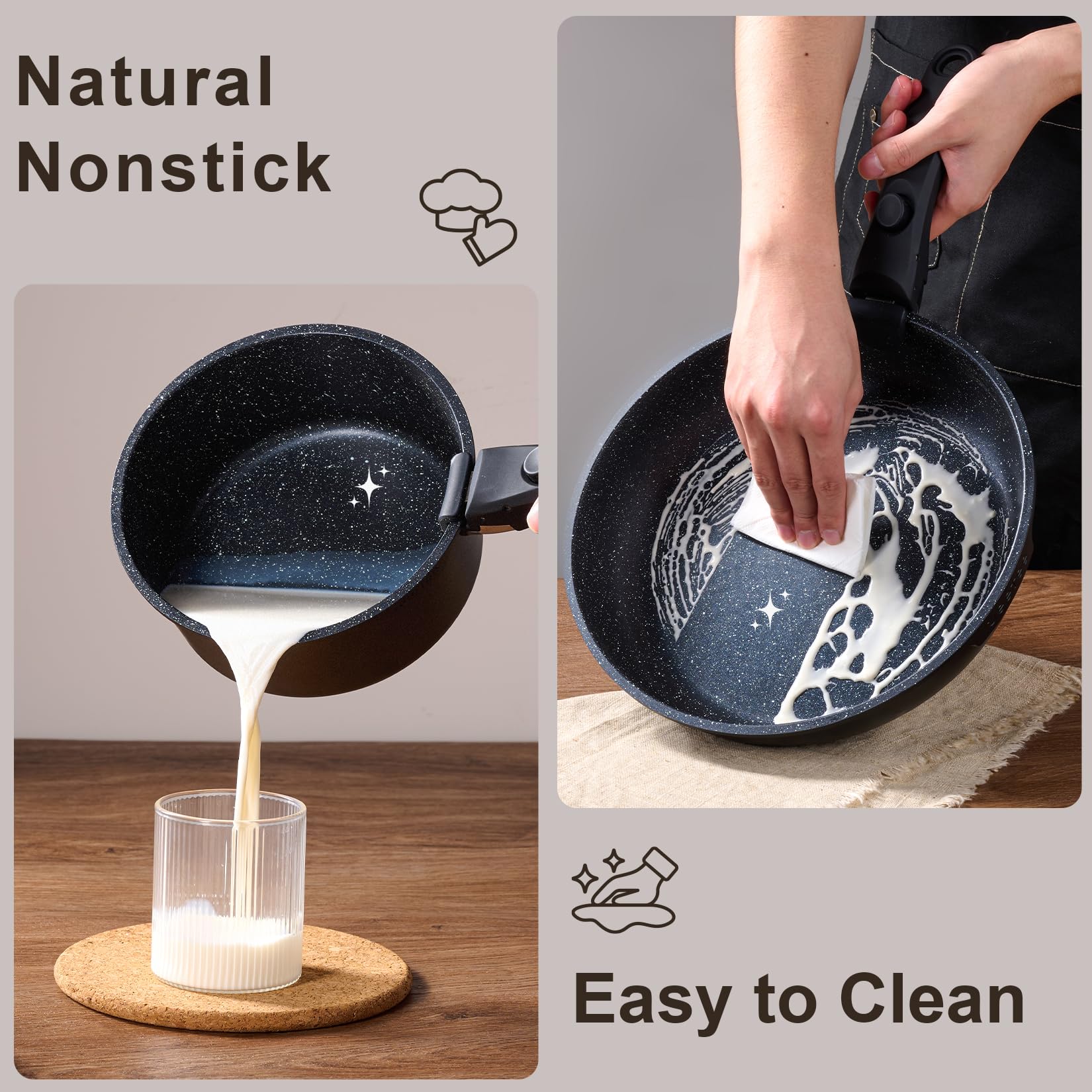 JEETEE Set Pentole Induzione 25 pezzi, Set Padelle Antiaderenti con Manici Rimovibili, Padelle 20/26cm, Padella Profonda 26cm, Casseruola 18/20cm, Padella Grill 26cm, Impilabile, Adatto ai Forni