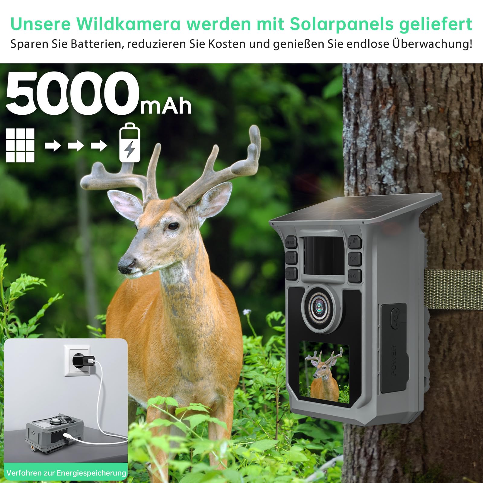 Wildkamera mit Handyübertragung APP, 4K 64MP Solar WLAN Bluetooth Eingebaute 5000mAh, 64GB Speicherkarte, Wildkamera mit Bewegungsmelder Nachtsicht, IP67 Wasserdicht 130°Weitwinkel（Grau）
