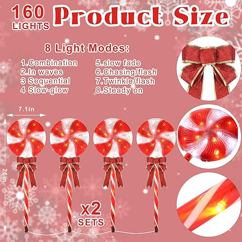 Miniatura 2 de 2 juegos de decoraciones de Navidad para exteriores, 26 pulgadas, piruleta de menta, bastón de caramelo, luces de camino, 160 LED, 8 modos de