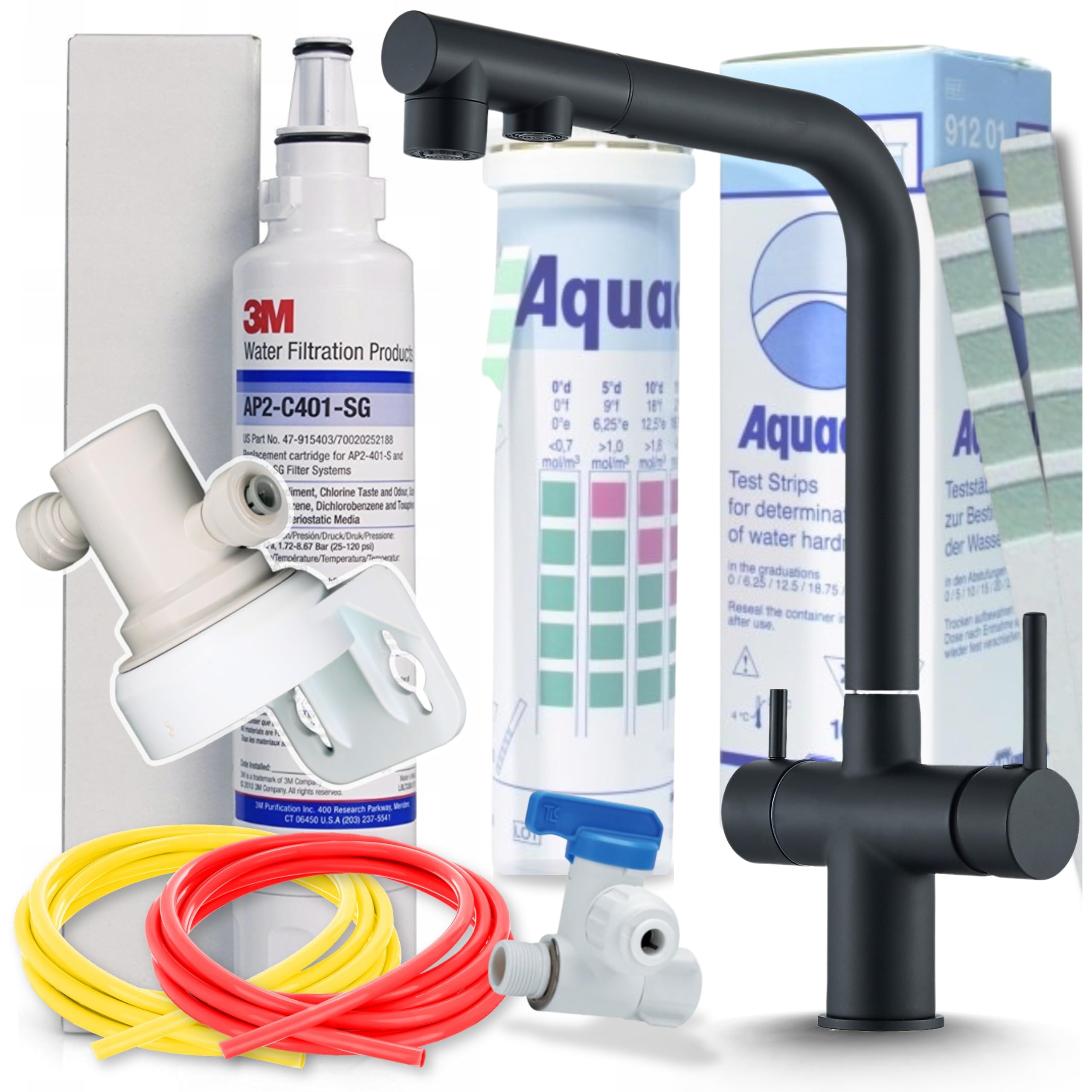 Grifo de cocina de 3 vías con agua filtrada pura y caño extensible negro mate giratorio