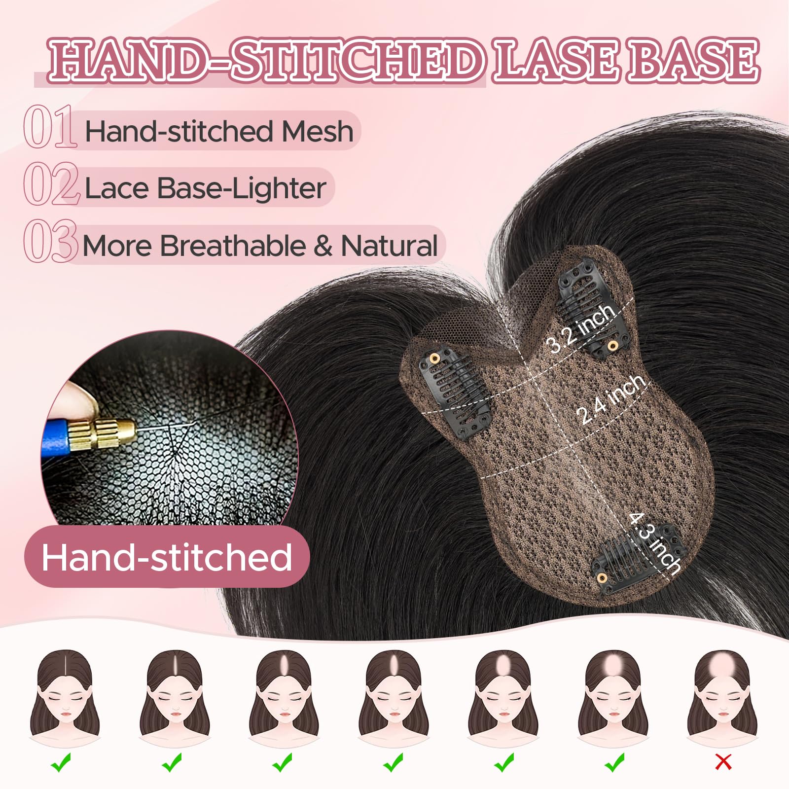 Echthaar Hair Topper für Frauen mit #C - 21g Handgebunden Basis Haar Topper Atmungsaktives Tüllnetz Spitze Basis 100% Echtes Haar Clip in Topper Natürliche Farbe