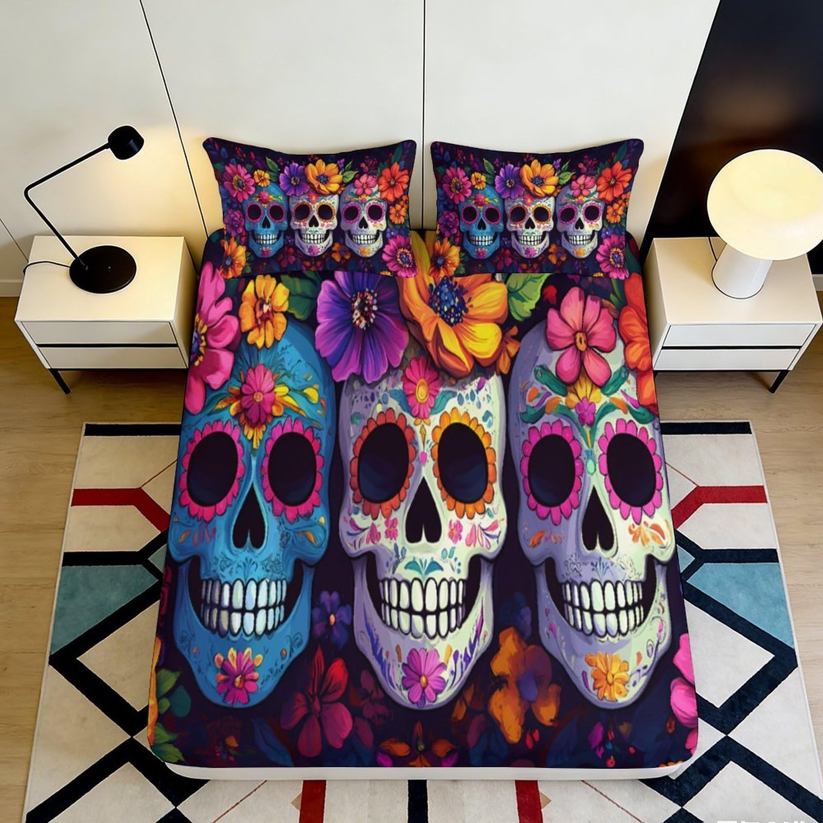 3D Printed Colorful Sugar Skull Fitted Sheet Microfiber Soft Breathable Floral Skulls Bed Cover for Bedroom Dormitory Guest Room Mattress Protection Decor 120x200x25cm