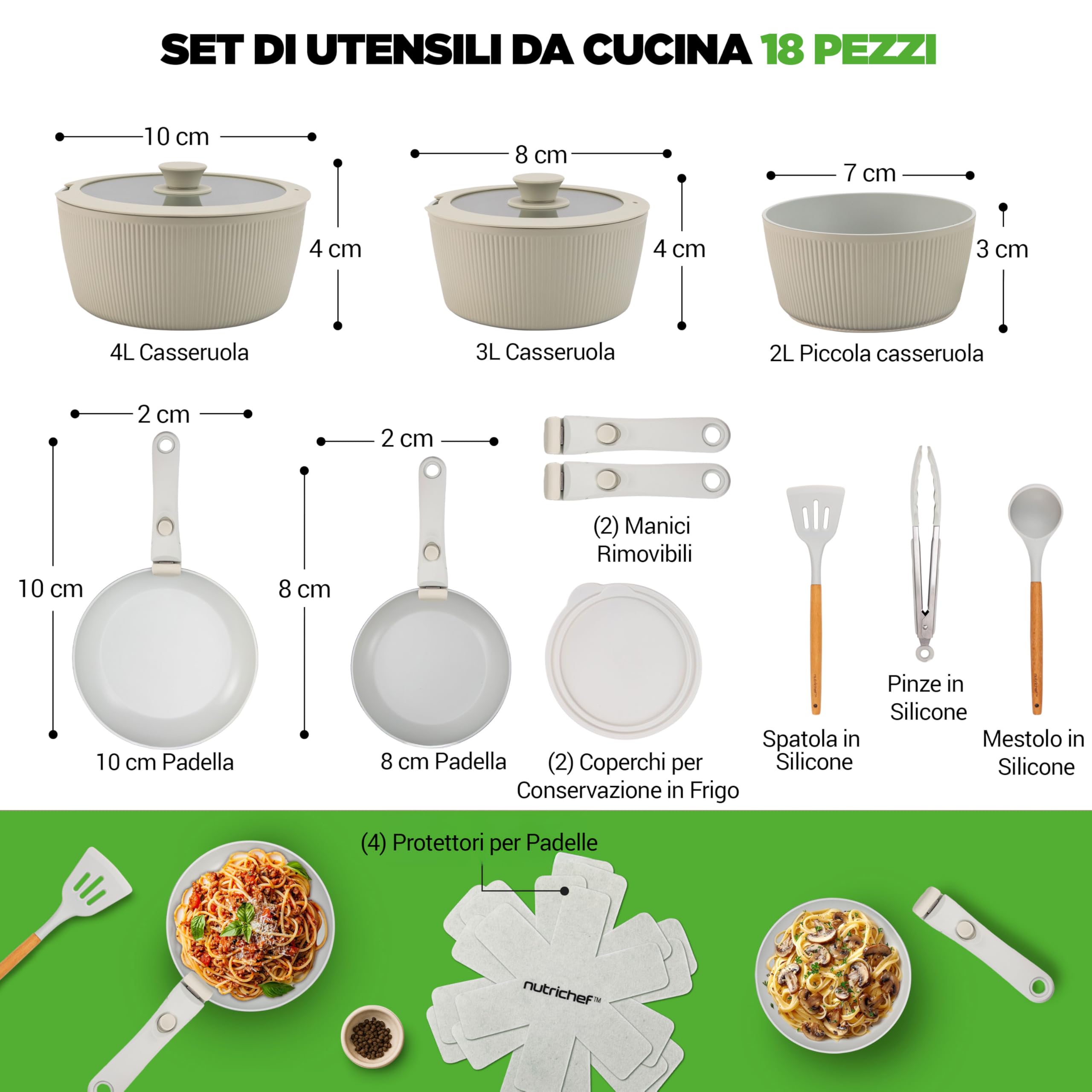 NutriChef Set Pentole e Padelle in Ceramica 18 Pezzi con Manici Removibili, Antiaderenti senza PTFE, Design Salvaspazio, per Forno e Piano Cottura, Verde