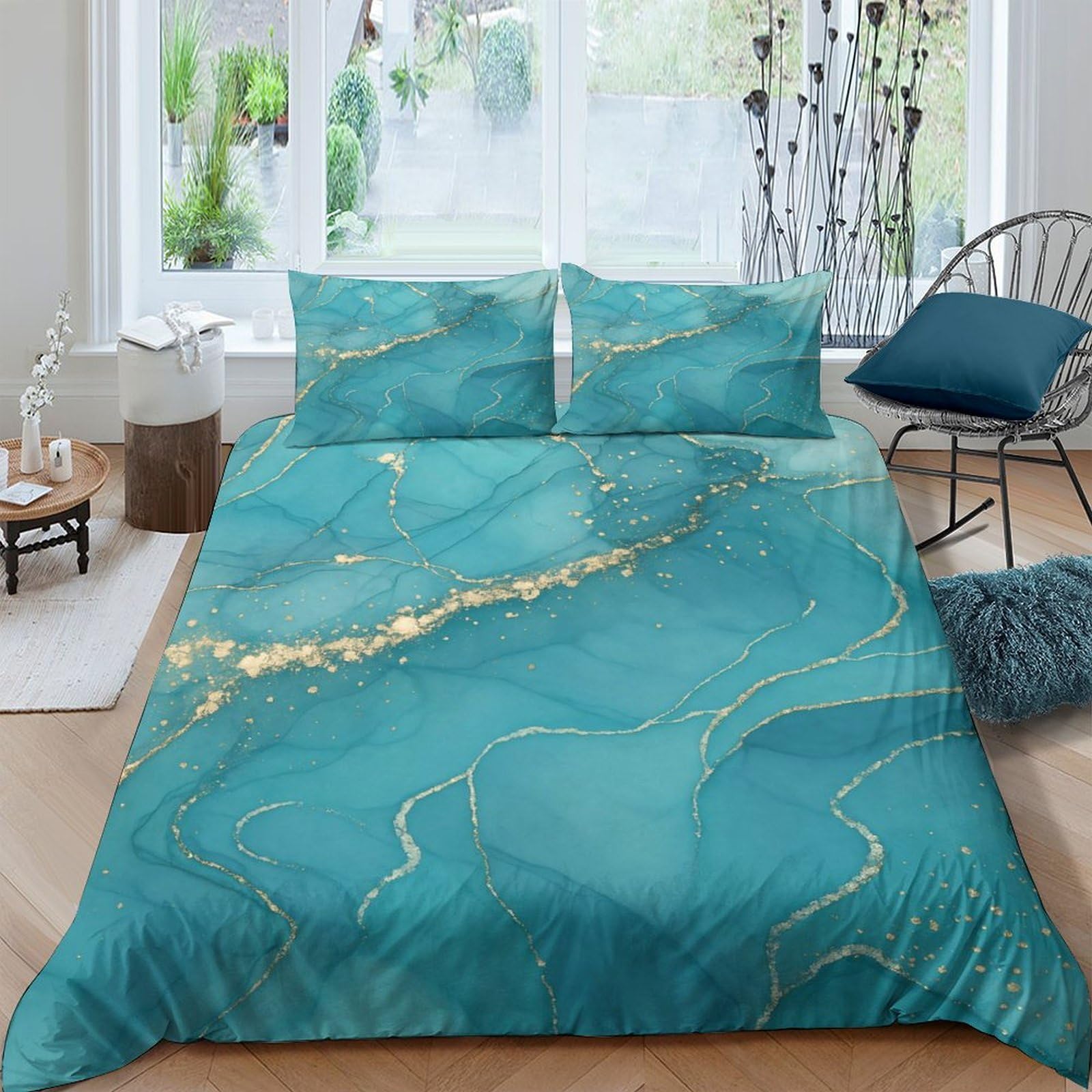 GPLZQXKJNH 3D Printed Turquoise Marble Duvet Cover Set Microfiber Soft Breathable Gold Vein Bedding Set with 2 Pillowcases for Bedroom Decor Single（135x200cm）