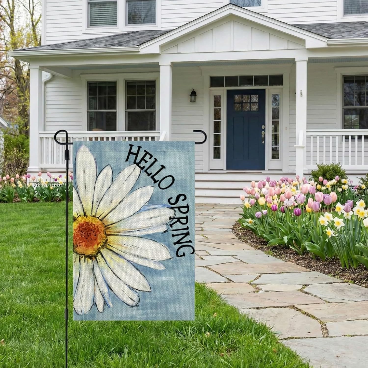 CROWNED BEAUTY Spring Garden Flag Floral Daisy Double Sided 12x18 Inches Small Burlap Welcome Holiday Seasonal Yard Decoration for Outside Porch Blue CF814-12 - Image 2
