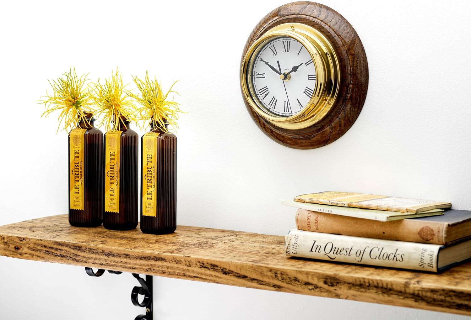 Classic Brass Roman Clock on an English Oak Mount, Heavy Lacquered Brass Case (1/2kg),Luxury Wall Clock and English Oak Mount, Handmade in England