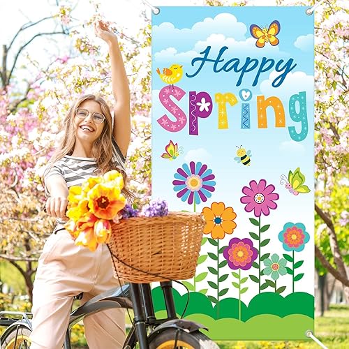 Miniatura 4 de Whaline Decoración de cubierta de puerta con texto en inglés «Hello Spring» con diseño floral de primavera para puerta delantera, cartel colgante