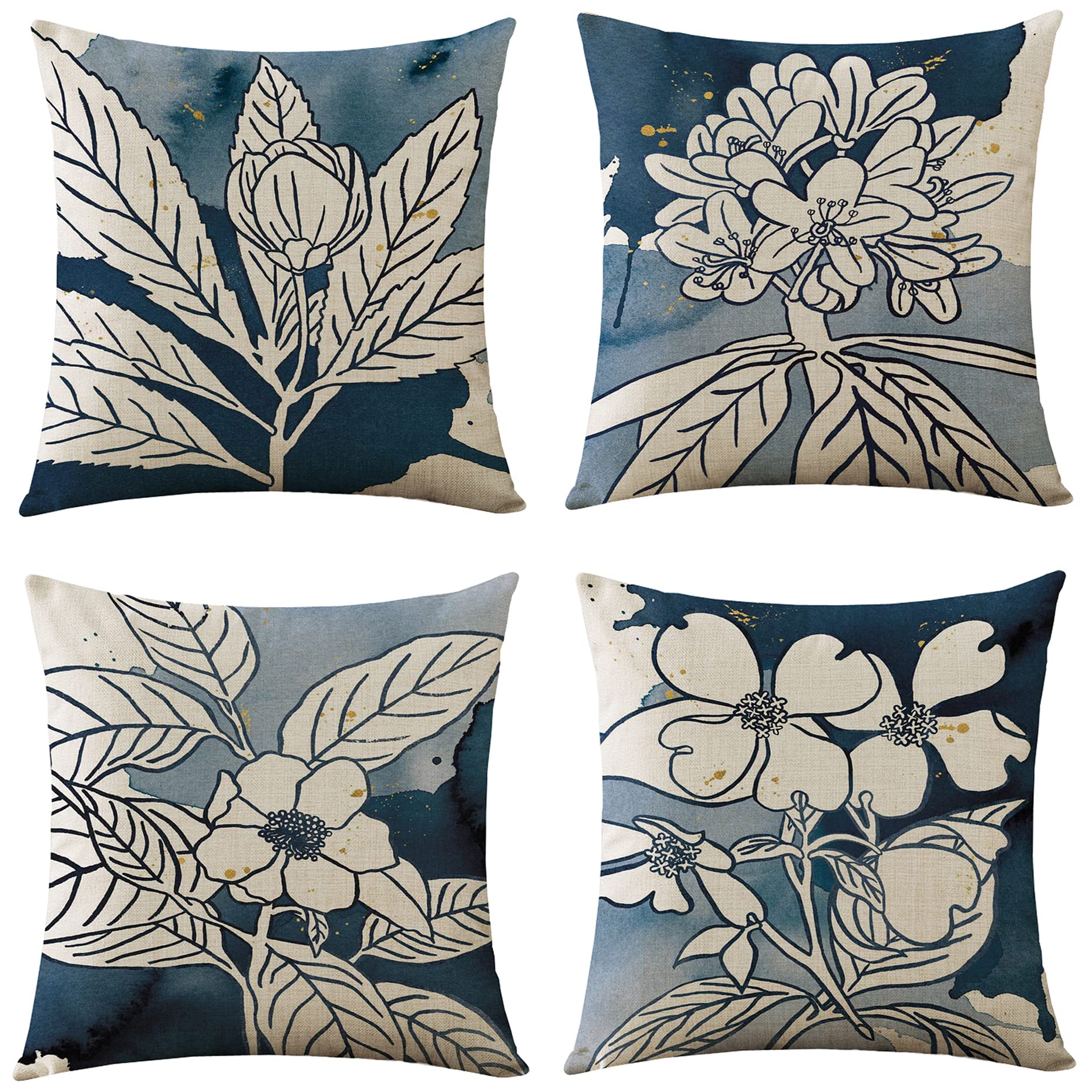 WOMHOPEThrow Pillow Covers Cases for Couch Sofa Burlap Toss Cushion Cases Square Flower Bird Butterfly 18 x 18 Inch,Pack of 4 (Blue)