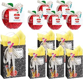 Eersida 12 Set Clear Apple Container & Gift Bag for Teacher Christmas, Book | DIY Teacher Gifts, Plastic Apple Candy Jar, Thank You Card Ruler Ribbon Clips Raffia, Christmas Stocking Stuffers Party Favor