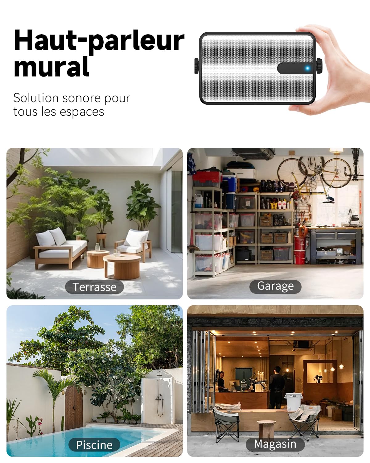 250W Haut-parleurs Bluetooth Extérieurs, Synchronisation sans Fil Entre Haut-parleurs, Montage Murale pour Terrasse, Véranda, Gazebo, Garage, Pack de 2 (MZ-632)