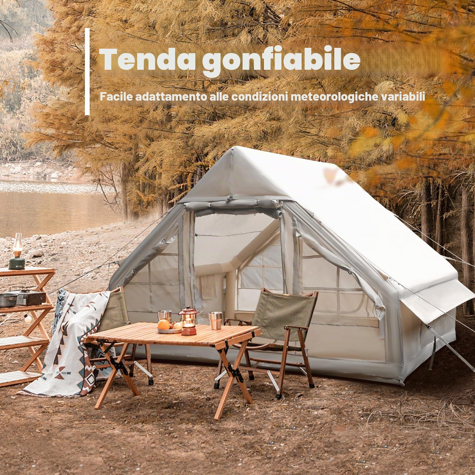 Tenda da campeggio gonfiabile con apertura del camino e lucernario, tenda da esterno per 2-8 persone con pompa ad aria, tessuto Oxford impermeabile per 4 stagioni