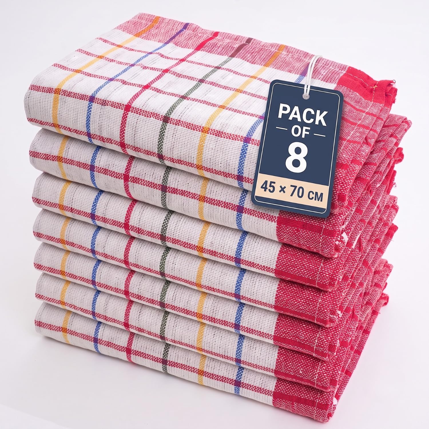 Gift Hub Kitchen Tea Towels Set, 100% Cotton Wonderdry Multicheck | Highly Absorbent Reusable Cleaning Cloths for Drying Dishes & Glassware| Home Essentials | 45x70 cm, Red - Pack 8