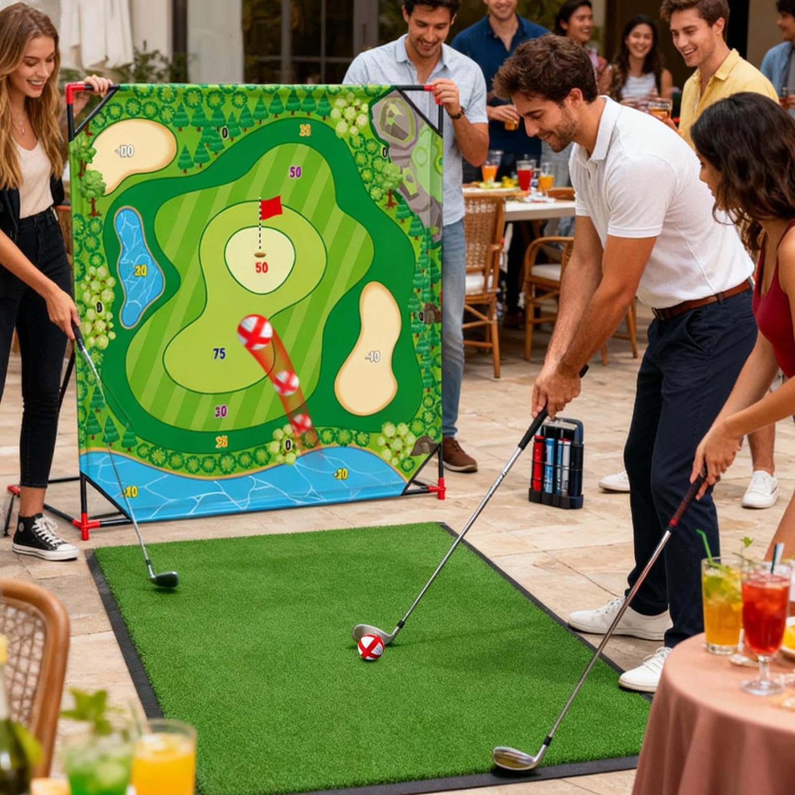 Chipping Tappetino Interattivo da Allenamento 137x137 cm | 24 Palline di Golf da Interno con Supporto Attività Sportive Indoor/Outdoor per Adulti e Famiglie