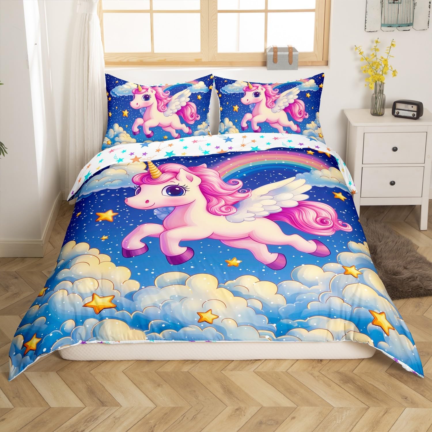 Lovely Unicorn Duvet Cover Set Toddler Size,Kawaii Western Unicorn Animal Reversible Quilt Cover for Kids Boys Girls Blue Galaxy Rainbow Stars Cloud Bedding Set with 1 Pillowcase,No Comforter