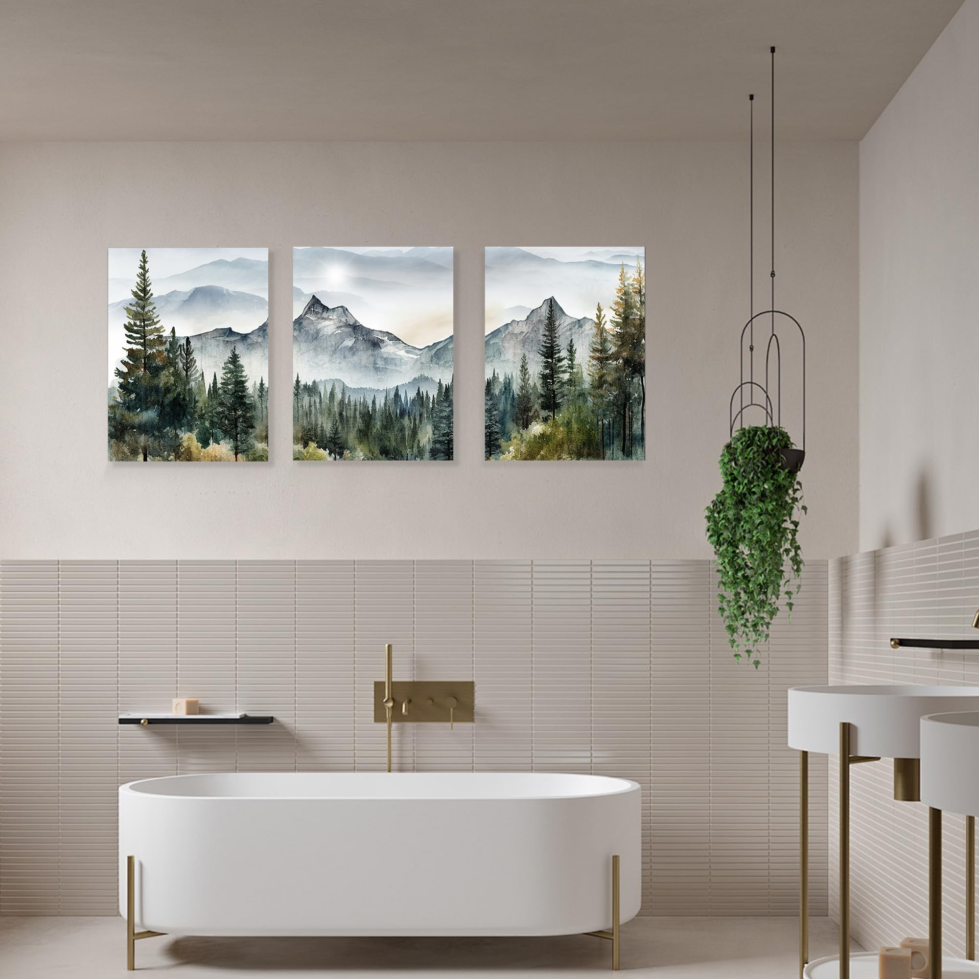 MHARTK66 Aquarell Wald Leinwand Bilder Set Schlafzimmer, 3-teilig Wandbilder Wohnzimmer Natur Landschaft Bild Aesthetic, Modern Wanddeko Kunstdruck Badezimmer Büro Esszimmer Küche