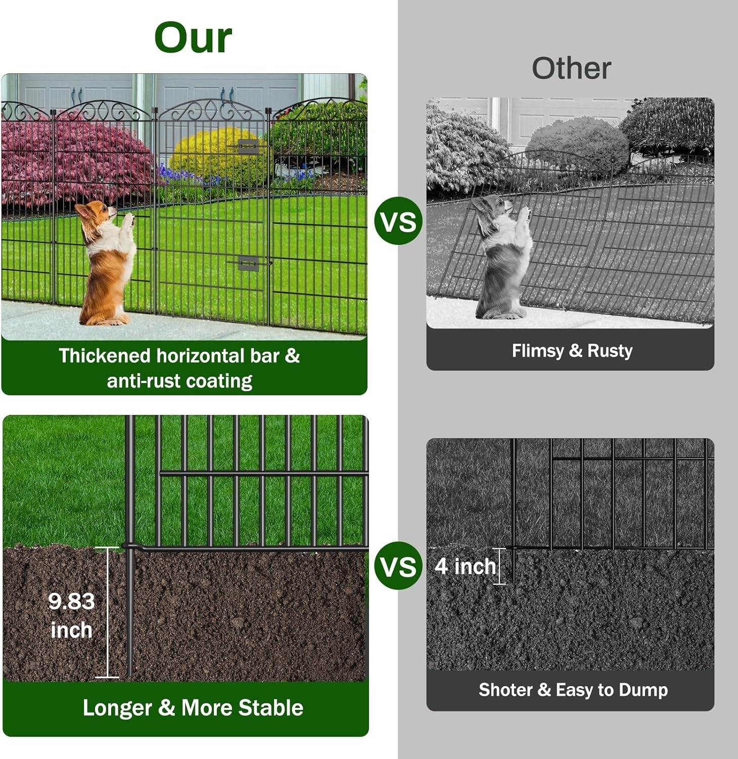 12 Panel No Dig Decorative Garden Fence with Gate - 42in H x 26.5 ft L, Tall Animal Barrier for Dogs Rabbits, Rustproof Metal Wire Panels for Yard, Patio, and Outdoor Border Use