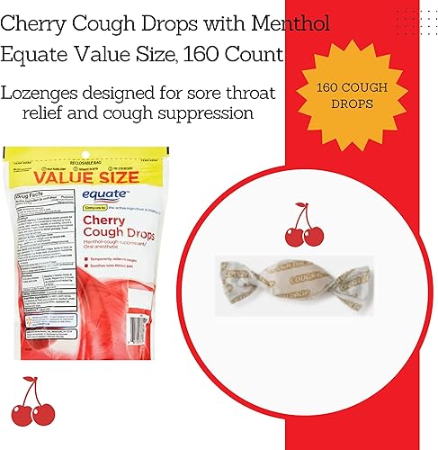 Miniatura 3 de Equate - Gotas para la tos de cereza con mentol, 160 unidades incluye organizador de pastillas