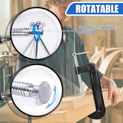 Miniatura 4 de Juego de 8 abrazaderas C de 6 pulgadas de acero resistente con marco de hierro fundido, mango en T deslizante, más estabilidad, abrazaderas masivas