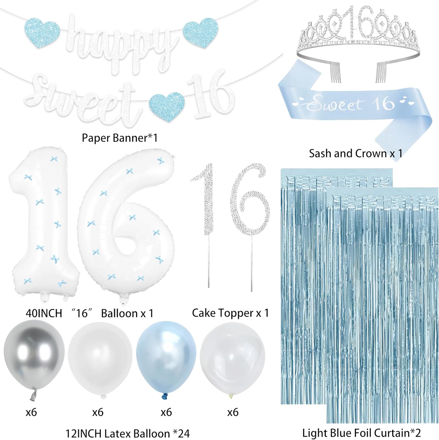 Holkcog Sweet 16th Birthday Decorations, Light Blue 16 Years Old Party Supply, Sweet 16th Birthday Banner, Sash and Crown, 16 Numbe Balloon, Light Blue Curtains Bowknot, Sixteen Girls Party Decor - Image 2