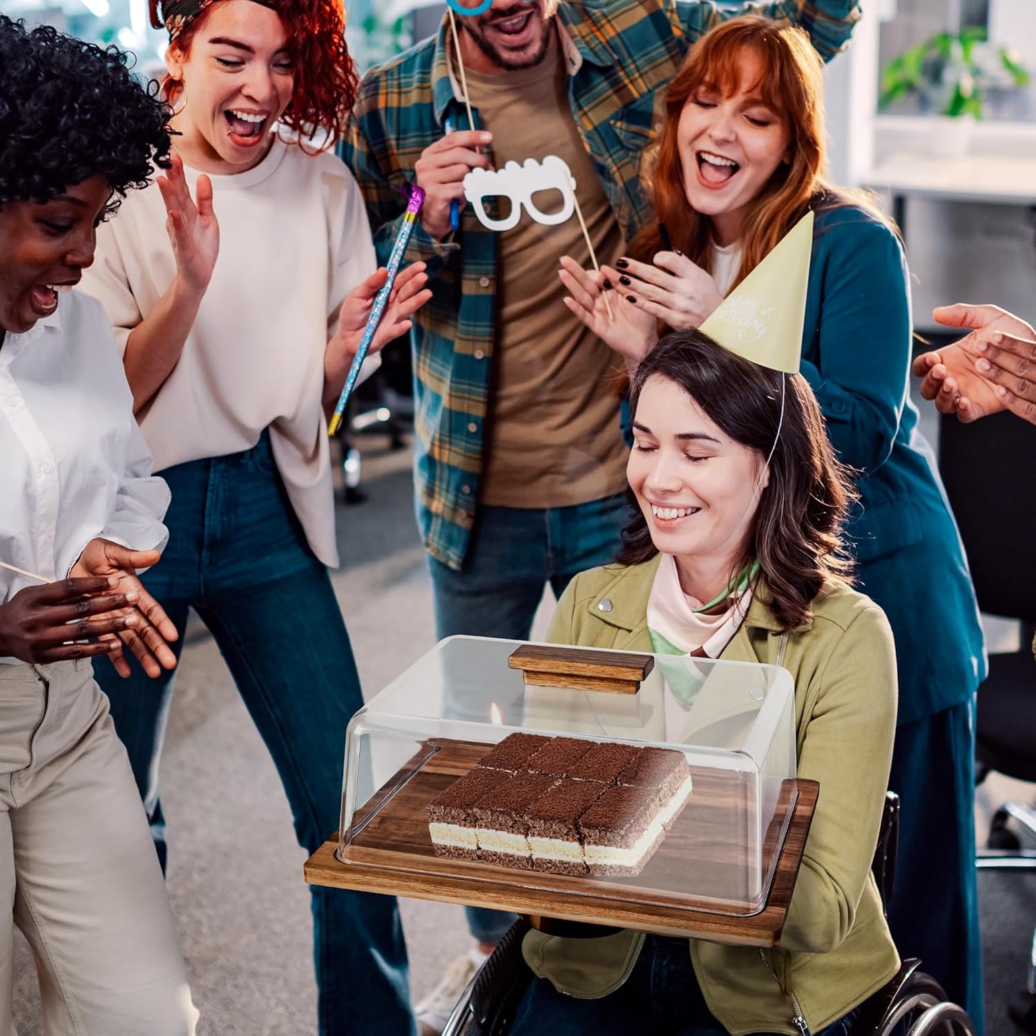 NWK 3-in-1 Acacia Wood Cake Stand with Dome Rectangular 15.5 x 12 inch Rustic Dessert Plate with Base, Food Serving Platter with Bowl, Charcuterie Cheese Board, Acrylic Cover Shatterproof (Wood)