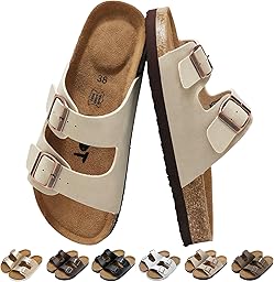 Sandales et Mules pour Femmes Été Confortable Pantoufles avec Boucles Réglable, Légères Sandales Orthopédiques avec Arch Support Antidérapant Bout Ouvert Chaussons avec Cuir Liège 36-42EU