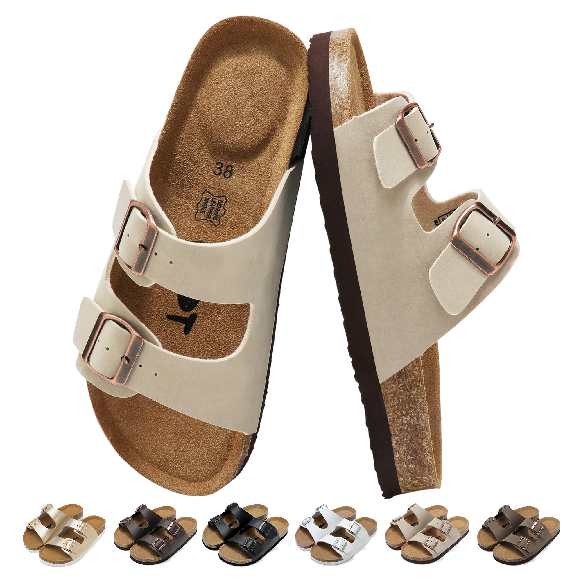 Sandales et Mules pour Femmes Été Confortable Pantoufles avec Boucles Réglable, Légères Sandales Orthopédiques avec Arch Support Antidérapant Bout Ouvert Chaussons avec Cuir Liège 36-42EU