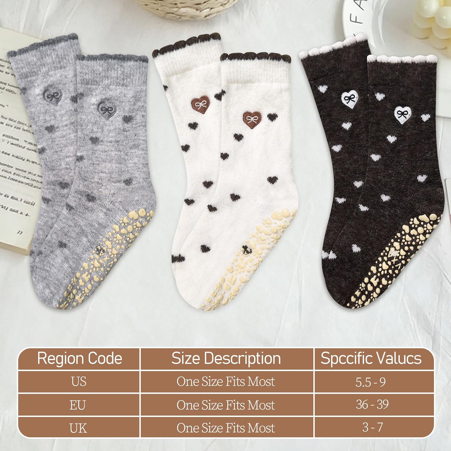 3 Pairs Cute Pilates Grip Socks for Women Ruffle Heart Polka Dot Non Slip Grip Socks for Yoga, Barre, Barefoot