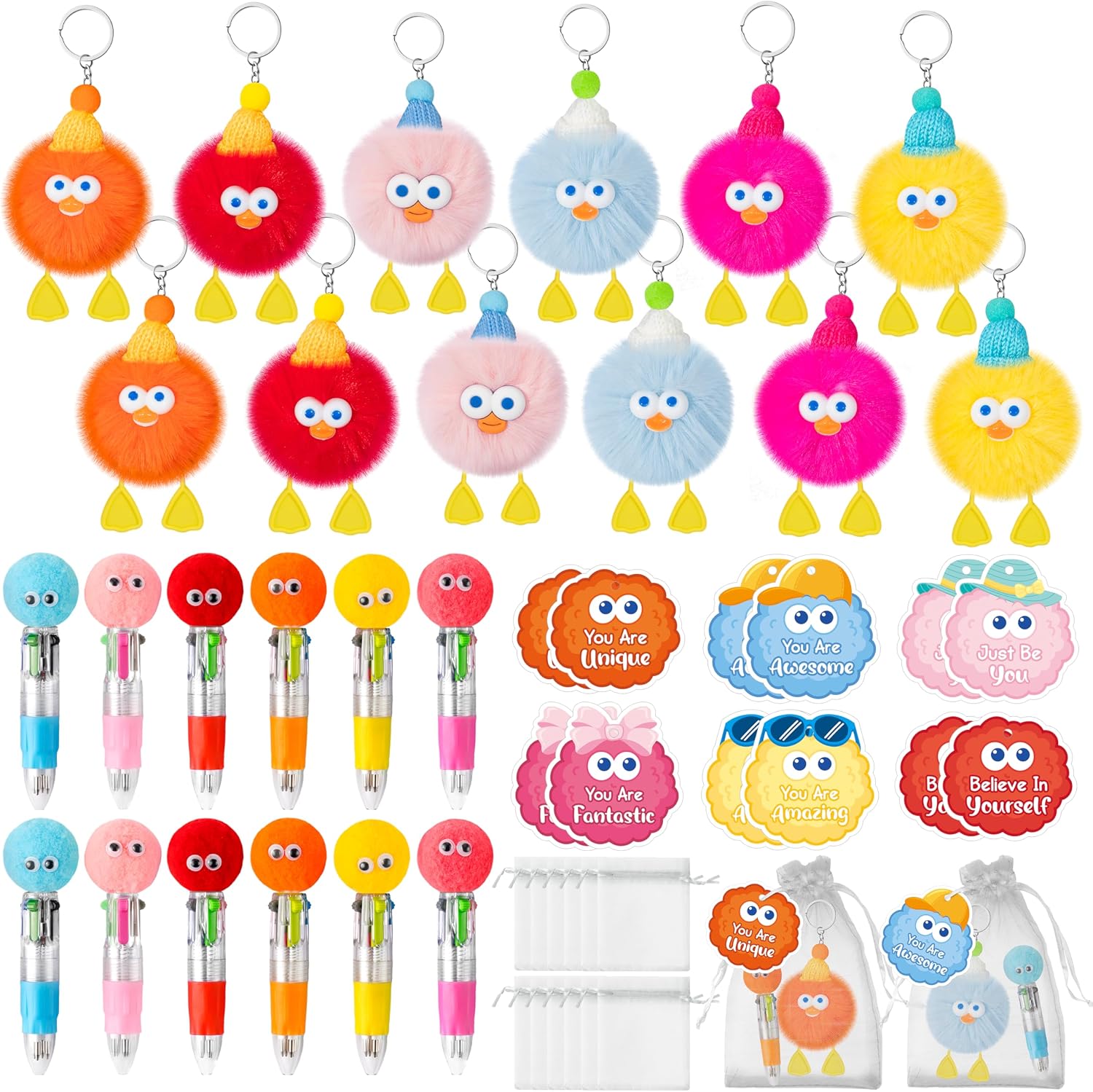 TICIAGA Fluffy Pom Pom Classroom Prize - 24 Set Cute Plush Toy Keychains with Motivational Gift Tags, 4-in-1 Ballpoint Pens & Organza Bags, End of Year Student Gifts from Teacher Graduation Gifts