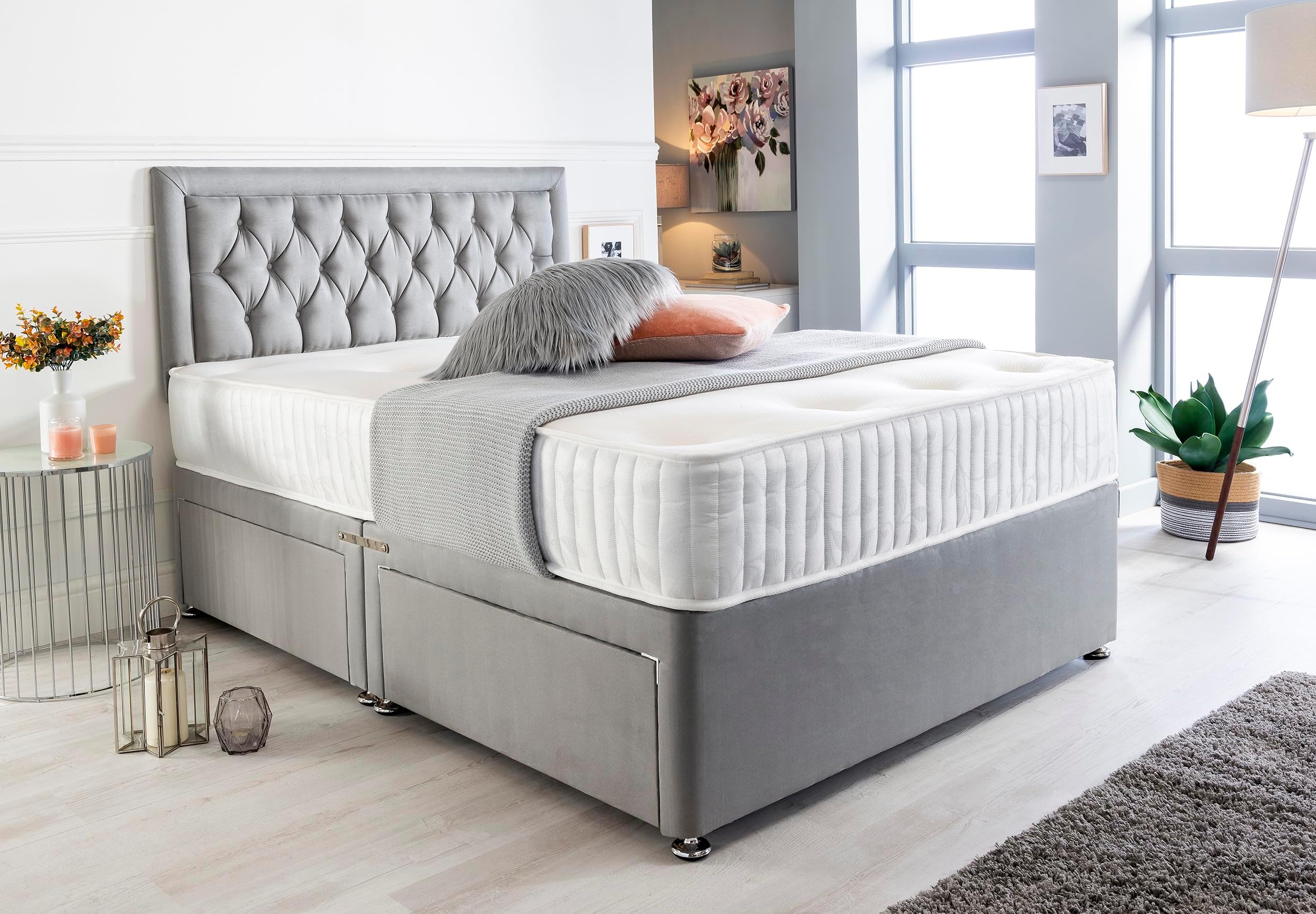 Sleep Factory's Grey Suede Chesterfield Divan Bed Set & Memory Foam Mattress 3FT Single 4FT6 Double 5FT King (4.6FT (Double), No Drawers)