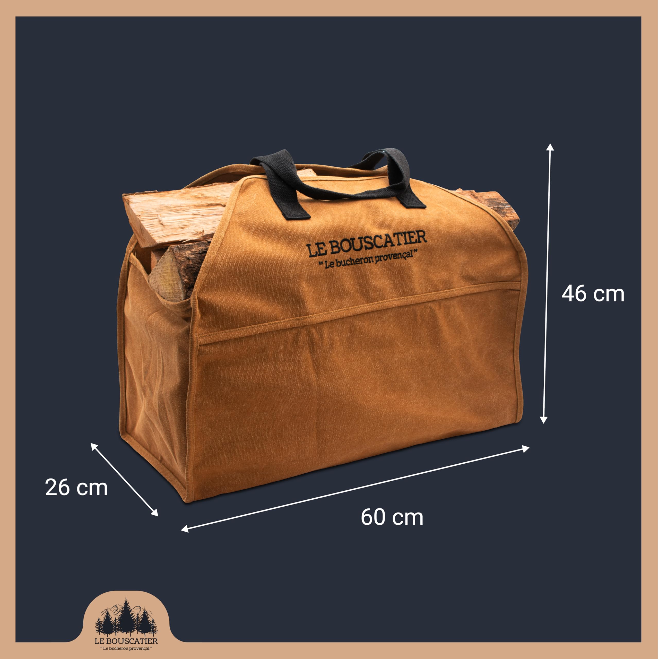 Bolsa de transporte de leña, resistente y resistente para troncos, 60 x 46 x 26 cm de 50 L. Cesta multiuso extragrande, accesorio para estufa, chimenea inserto o brasero barbacoa (Camel)