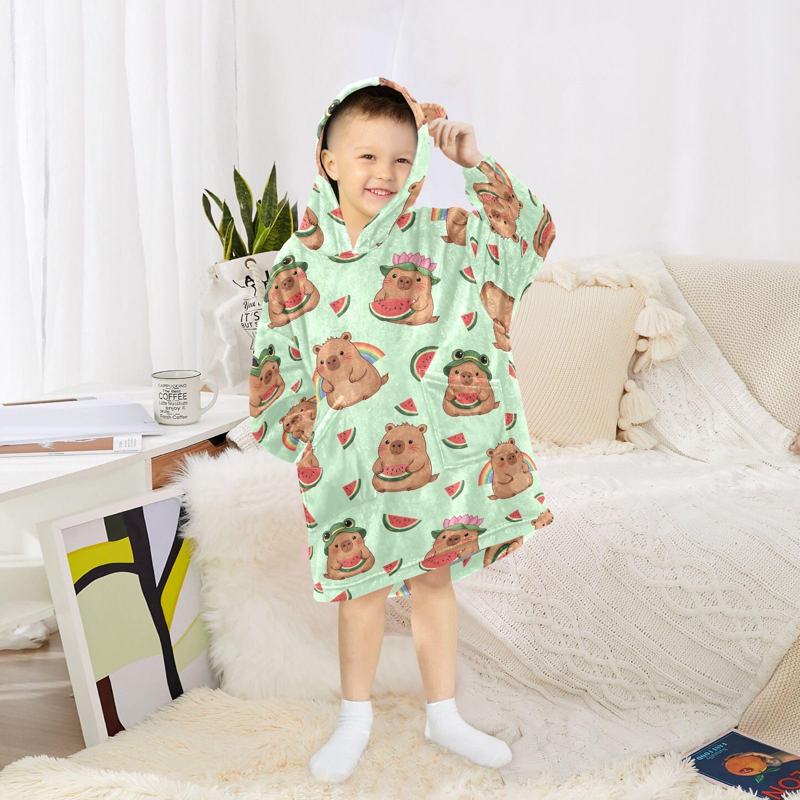 Capybara - Manta con capucha para niños, diseño de sandía, bata de franela suave con orejas y bolsillos, ropa de dormir cálida para niños y niñas